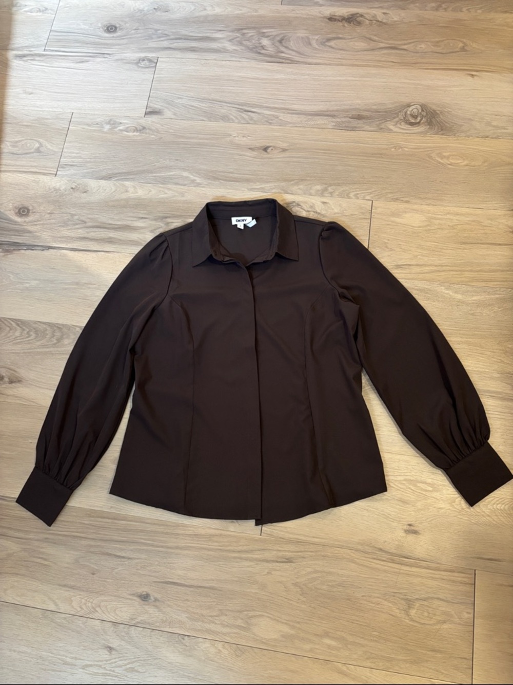 Dkny Dark Brown Button-Front Puff Sleeve Shirt